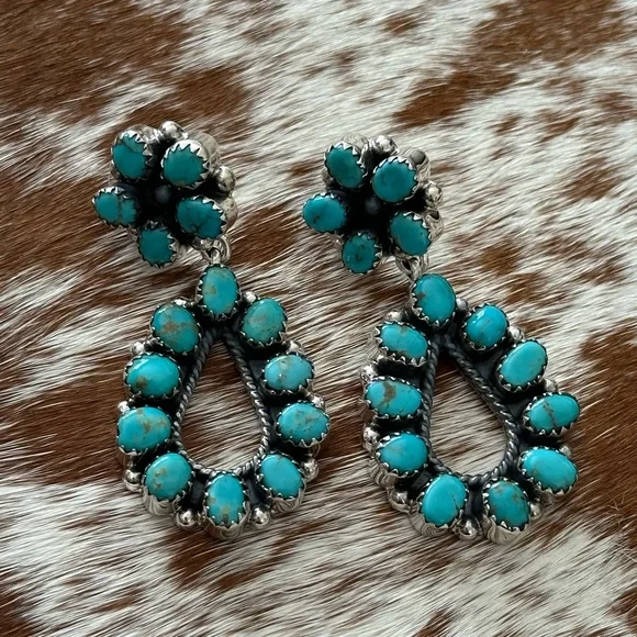 Kingman turquoise statement southwestern sterling silver earrings - Picture 4 of 7